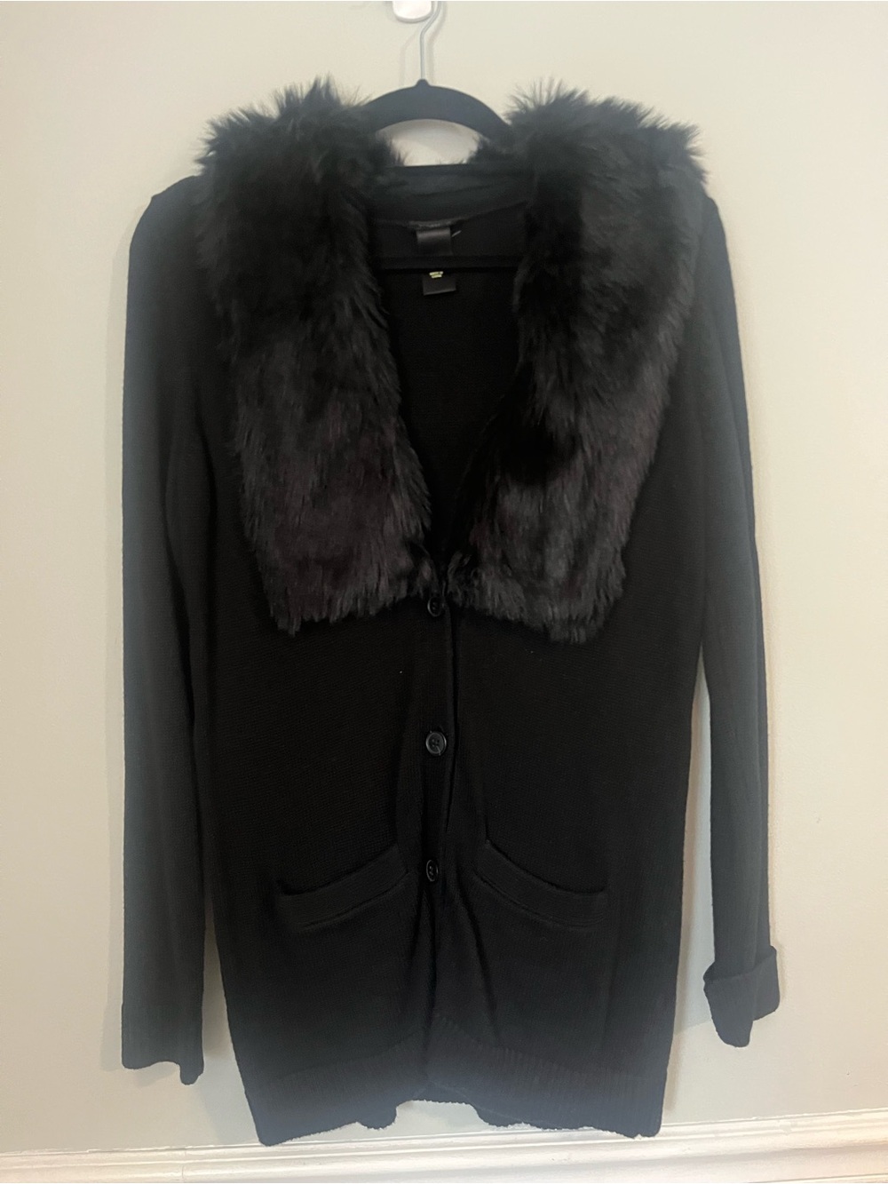 Ann Taylor Black Faux-Fur Collar Cardigan